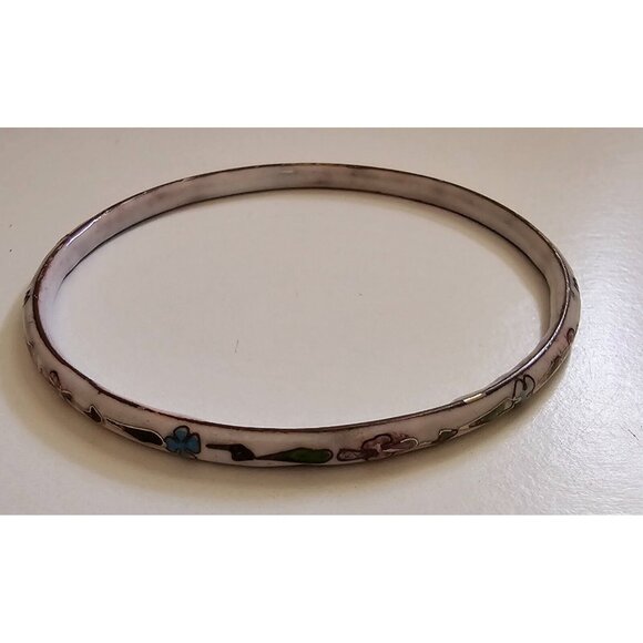 Vintage Cloisonné Large White Pink Green Flower Enamel Bangle Bracelet - Picture 10 of 10